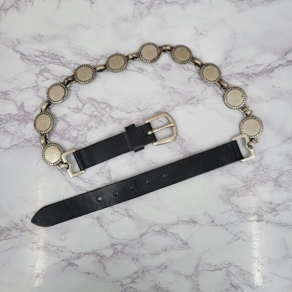 Fossil Vintage Italian Black Leather  and Silver Concho Coin Chain Women's Belt - Picture 1 of 14